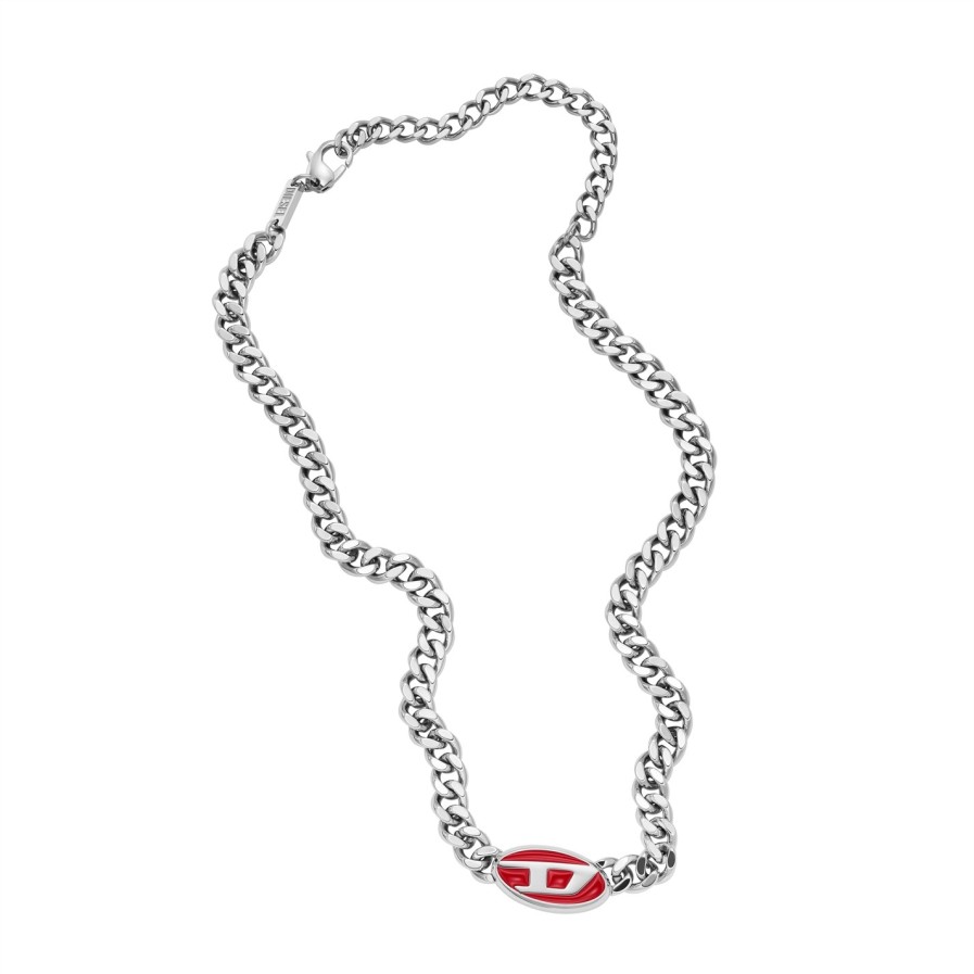 Diesel Red Lacquer And Stainless Steel Chain Necklace Hot