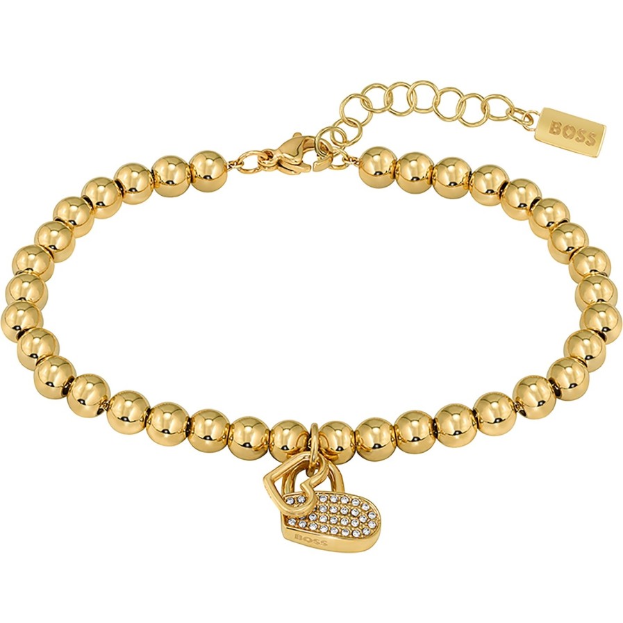 Ladies Boss Signature Yellow Gold Ip Beaded Bracelet Clearance